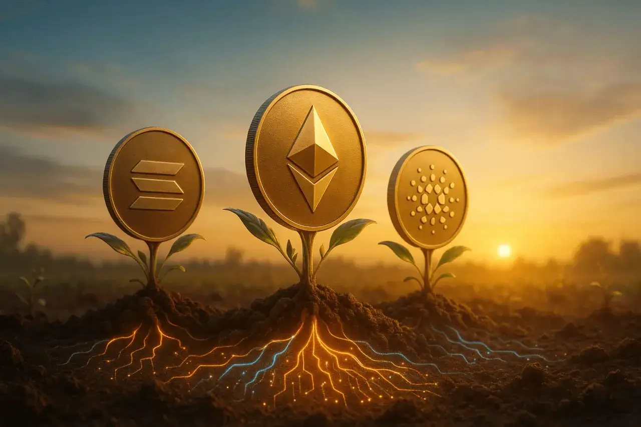 Złote monety kryptowalutowe Solana, Ethereum i Cardano wyrastają z ziemi jak rośliny, z cyfrowymi korzeniami. To symbol wzrostu i potencjału, jakby każdy coin miał swój własny, catly rozwój.