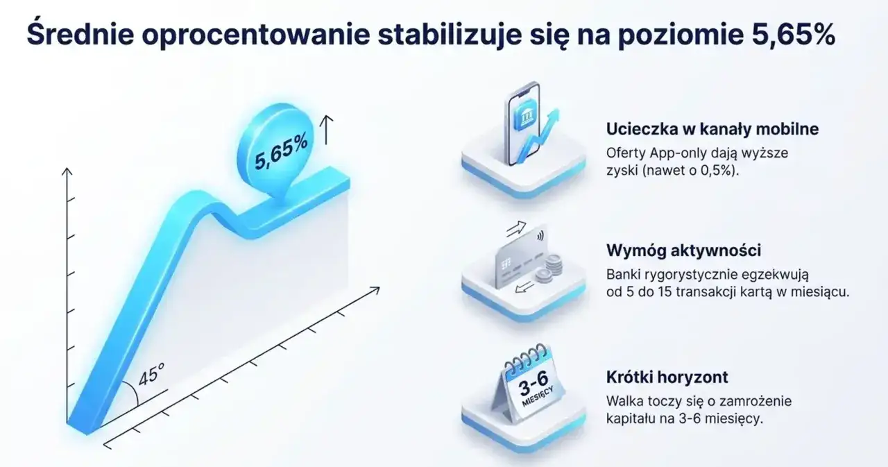 Wykres pokazuje stabilizację oprocentowania na poziomie 5,65%. Wskazuje na popularność lokat 1 miesięcznych i krótkoterminowych.
