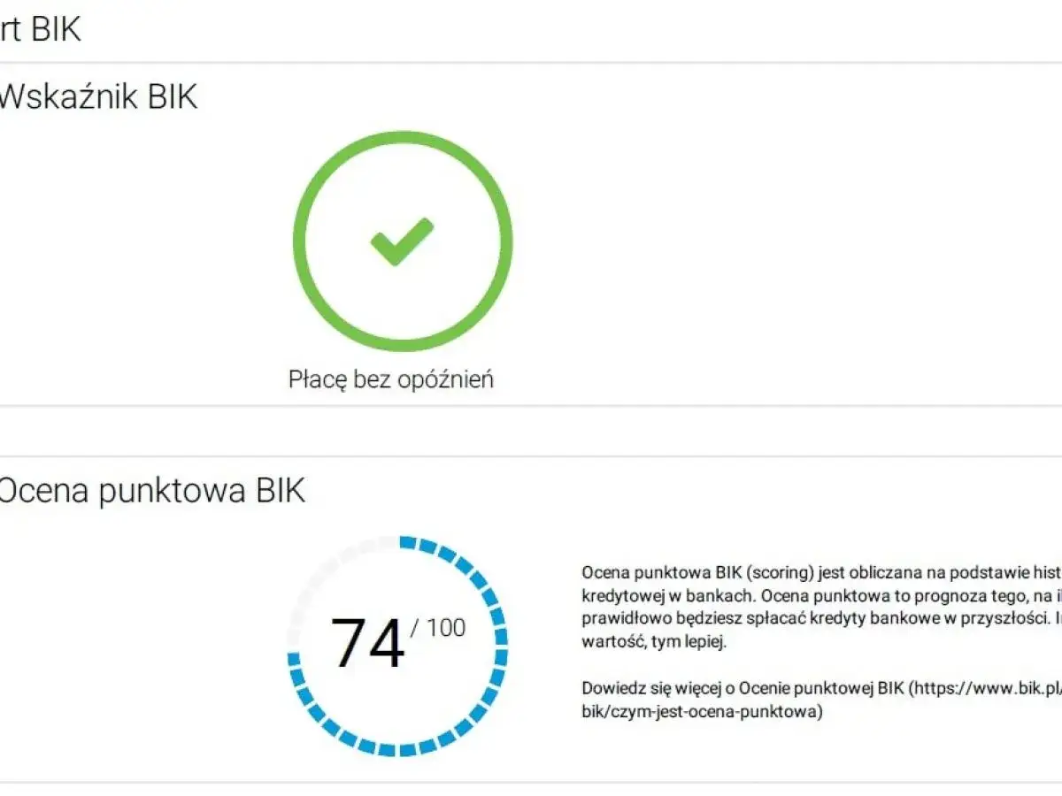 Sprawdzenie zdolności kredytowej online: Wskaźnik BIK z zielonym znacznikiem i oceną 74/100.