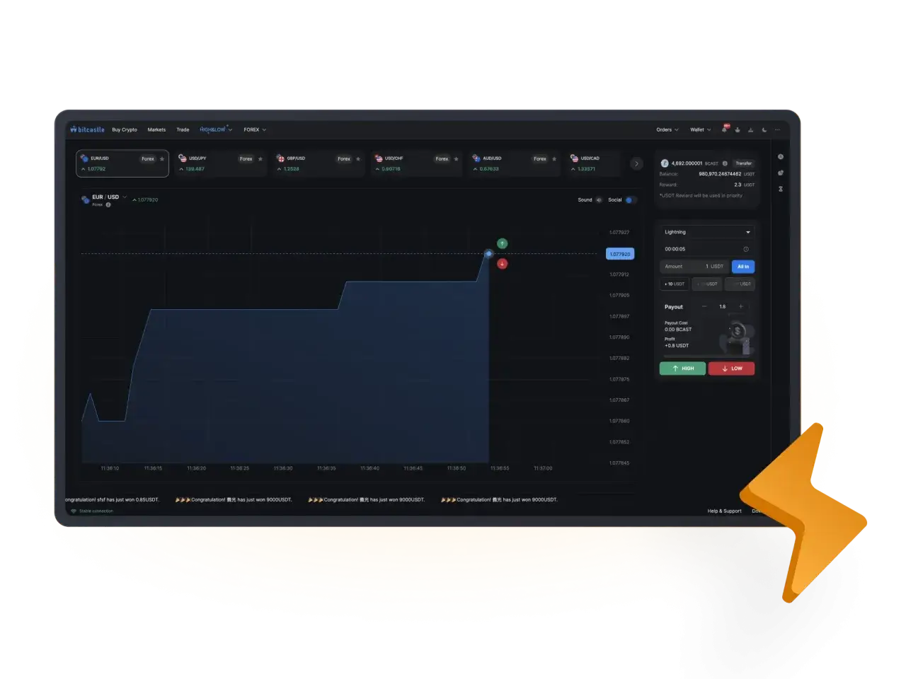 Wykres kursu EUR/USD na platformie bitcastle. Widoczny panel transakcyjny z opcją Lightning i ustawieniami wypłaty.