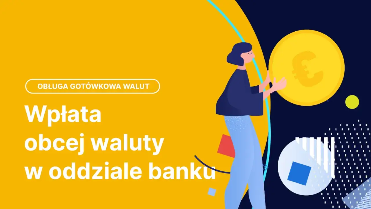Ilustracja pokazuje, jak wpłacić euro na konto walutowe PKO. Kobieta trzyma dużą monetę z symbolem euro.
