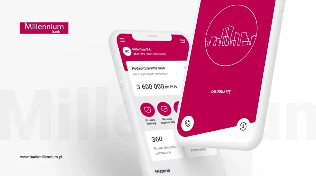Aplikacja mobilna Banku Millennium. Widok podsumowania salda konta oszczędnościowego i opcje przelewu krajowego i zagranicznego.