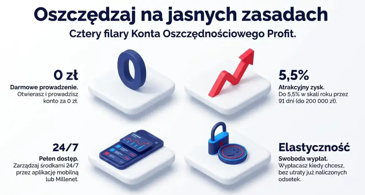 Konto Oszczędnościowe Profit: 0 zł, 5,5% zysku, dostęp 24/7 i elastyczność wypłat. Dowiedz się, jak wypłacić pieniądze z konta oszczędnościowego Millennium.