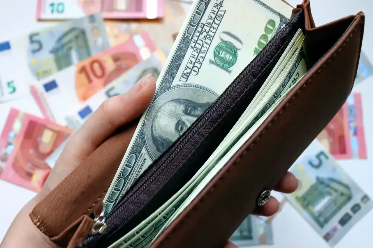 Dłoń trzyma brązowy portfel z banknotami dolarowymi. W tle widać rozrzucone euro. Zastanawiasz się, w jakiej walucie trzymać oszczędności?