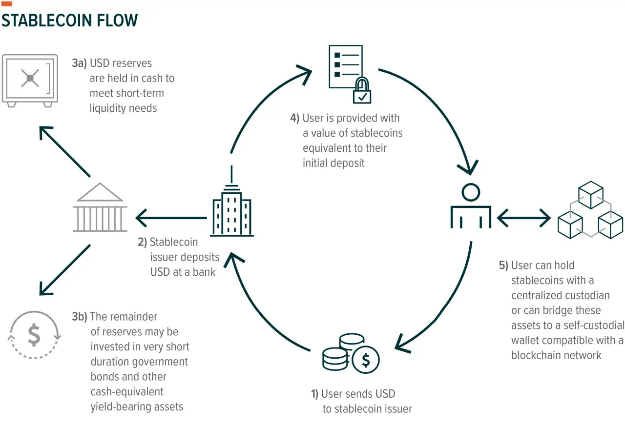 Schemat przepływu stablecoin: od wpłaty USD, przez emisję, rezerwy, aż po przechowywanie przez użytkownika. Dowiedz się, stablecoin co to.