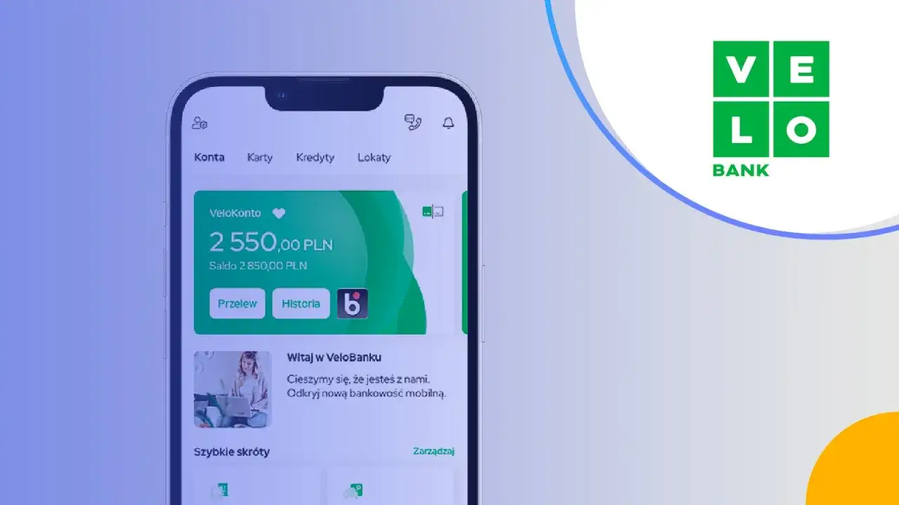 Ekran aplikacji mobilnej VeloBanku z saldem 2550 PLN. Logo VeloBanku.