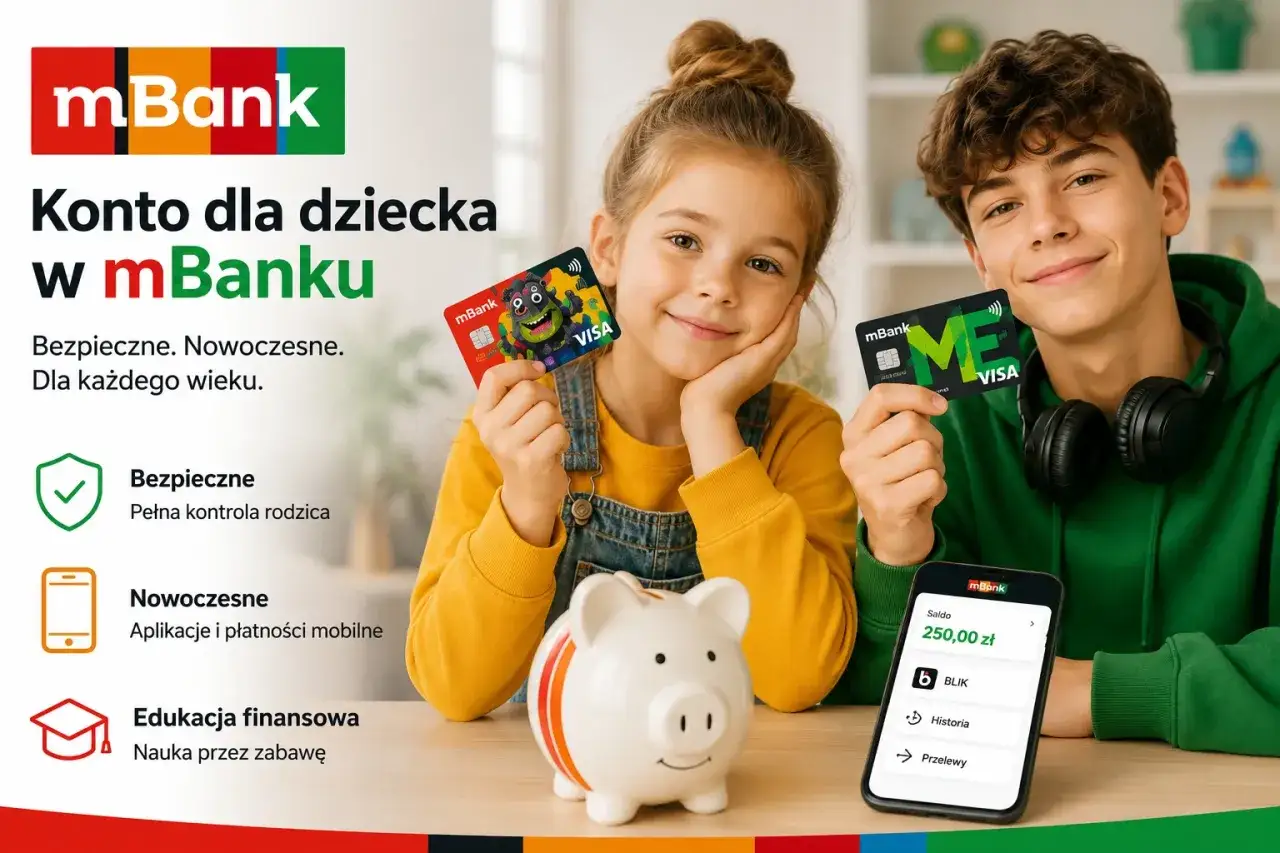 Dzieci prezentują karty mBanku, idealne do mBank konto dla dziecka powyżej 13 lat. Bezpieczne, nowoczesne, z kontrolą rodzica.