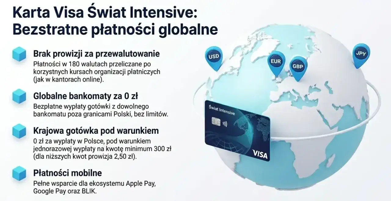 Karta Visa Świat Intensive: bezstratne płatności globalne. Brak prowizji za przewalutowanie, globalne bankomaty za 0 zł. Idealna do podróży, bez ukrytych mkonto intensive opłaty.