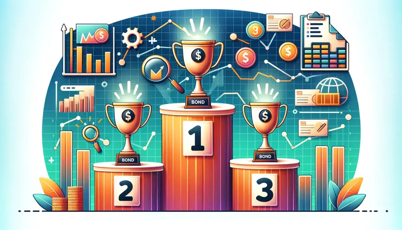 Trzy puchary na podium symbolizują najlepsze opcje, w co inwestować krótkoterminowo. W tle wykresy i symbole dolara.