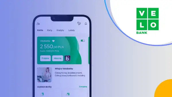 Aplikacja mobilna VeloBanku pokazuje saldo konta 2550 PLN. Logo VeloBanku.