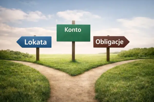 Trzy drogowskazy: Lokata, Konto, Obligacje, na tle krajobrazu.