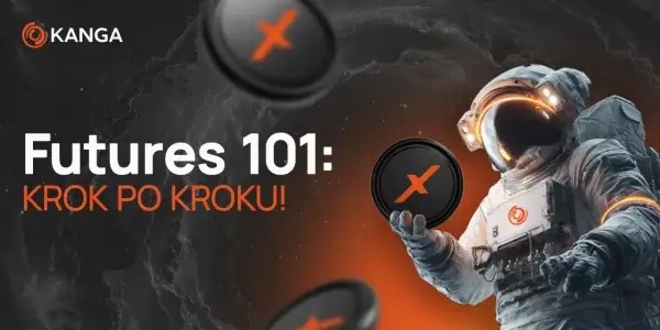 Astronaut trzymający monetę z symbolem "X" na tle kosmosu i tekstu "Futures 101: Krok po kroku!".