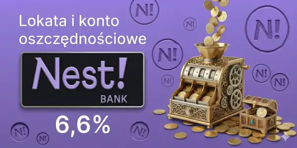Złota maszyna do liczenia monet, skrzynia skarbów i logo Nest Bank z oprocentowaniem 6,6%.