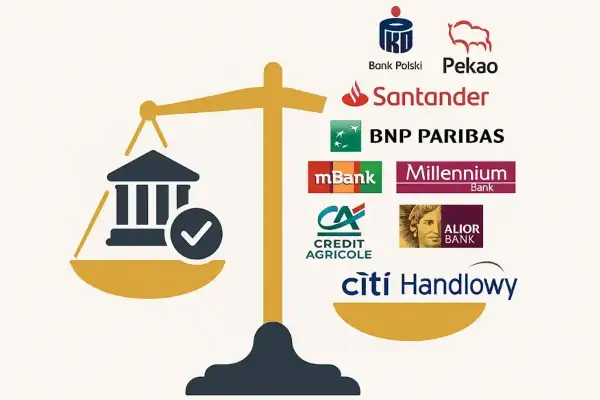 Waga symbolizująca wybór banku, z jednej strony budynek banku z zaznaczeniem, z drugiej logotypy popularnych polskich banków: PKO BP, Pekao, Santander, BNP Paribas, mBank, Millennium, Credit Agricole, Alior, Citi Handlowy.