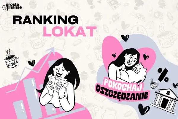Ilustracja z napisem "RANKING LOKAT", kobietą trzymającą pieniądze i kobietą przytulającą świnkę skarbonkę.