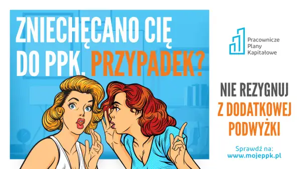 Dwie kobiety plotkują o PPK. Czy wiesz, ile procent zysku możesz stracić, rezygnując? Nie rezygnuj z dodatkowej podwyżki!