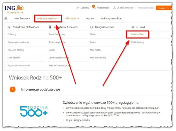 Zrzut ekranu z bankowości internetowej ING, z zaznaczonym przyciskiem "Rodzina 500+".