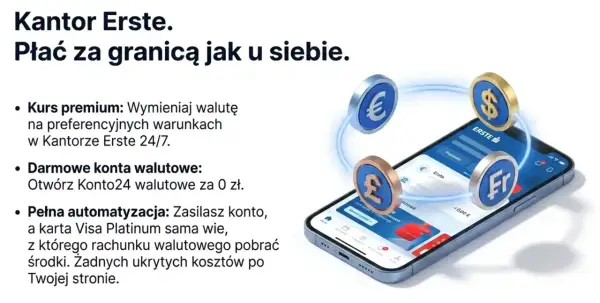 Smartfon z aplikacją bankową Erste i monetami z symbolami euro, dolara, funta i franka szwajcarskiego.