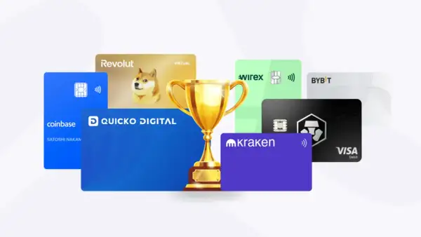 Złoty puchar otoczony kartami kryptowalutowymi: Coinbase, Revolut, Wirex, Kraken, Bybit, Visa.