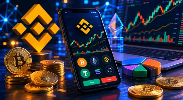 Złote monety kryptowalut, smartfon z wykresem i logo Binance, laptop z danymi rynkowymi. To wszystko pokazuje, czym jest Binance.