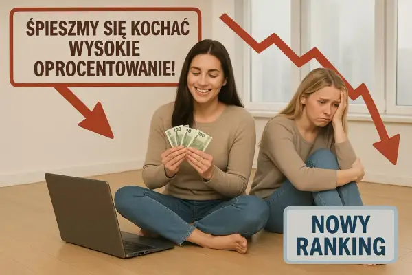 Dwie kobiety, jedna zadowolona z pieniędzmi, druga smutna, na tle spadającego wykresu i napisu "NOWY RANKING".