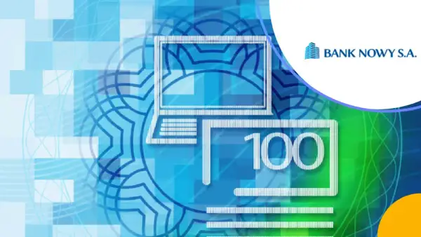 Grafika przedstawia ikonę komputera i symbol "100", sugerując łatwy dostęp do środków na koncie depozytowym. Logo Banku Nowy S.A.