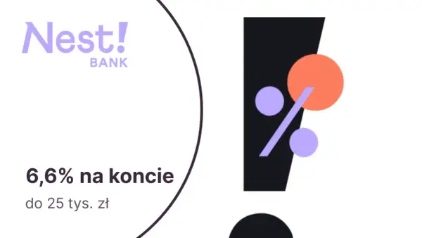 Logo Nest! BANK, znak procentu, koła i tekst "6,6% na koncie do 25 tys. zł".