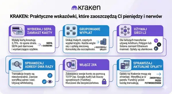 Kraken: praktyczne wskazówki, jak oszczędzać na opłatach. Wybieraj SEPA zamiast karty, grupuj wypłaty, używaj sieci L2, sprawdzaj adresy i włącz 2FA.