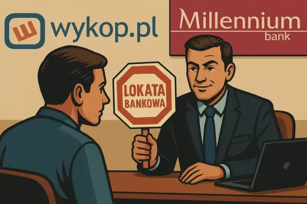 Bankier z Millennium pokazuje znak "Lokata bankowa". Czy to dobra oferta? Sprawdź oprocentowanie!