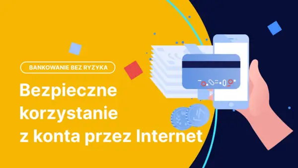 Ilustracja przedstawia dłoń trzymającą smartfon z kartą płatniczą, stos banknotów i monet.