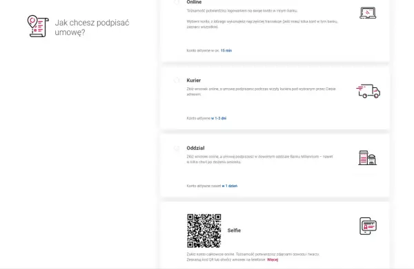 Wybierz metodę założenia konta w Banku Millennium: online, z kurierem, w oddziale lub przez selfie.