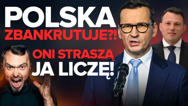 Trzech mężczyzn, jeden krzyczy, dwaj w garniturach, tekst "POLSKA ZBANKRUTUJE?!