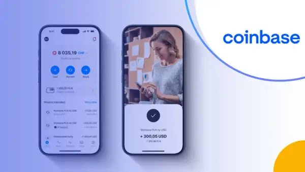Dwa smartfony pokazujące aplikację Coinbase z transakcjami kryptowalutowymi i logo Coinbase.