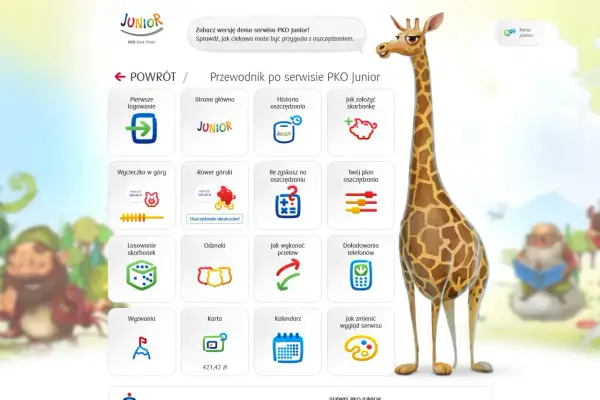 Grafika przedstawia przewodnik po serwisie PKO Junior z żyrafą i ikonami zadań.