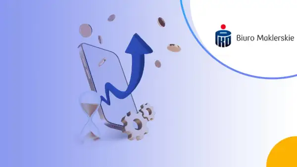 Grafika przedstawia smartfon z rosnącym wykresem, klepsydrę i monety, symbolizujące inwestycje. Biuro Maklerskie PKO BP oferuje usługi, gdzie rachunek maklerski i opłaty są kluczowe.