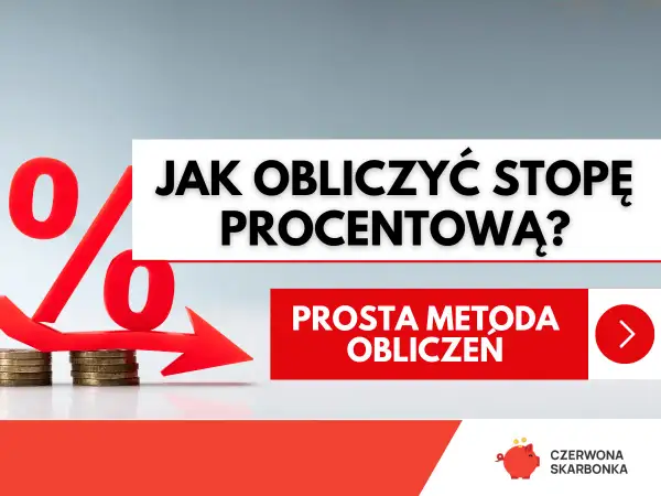 Czerwona strzałka z symbolem procentu i monetami, wskazująca na prostą metodę obliczenia stopy kredytowej.