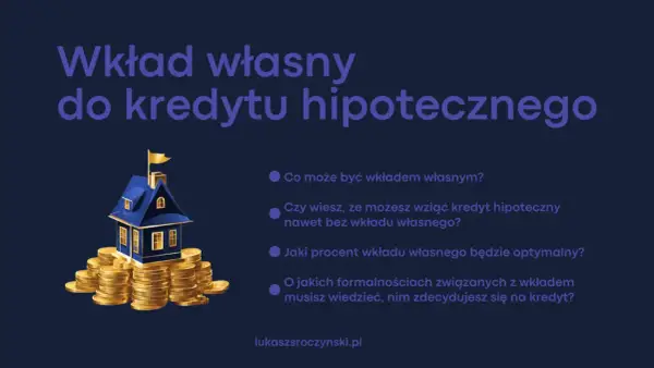 Ilustracja domu na stosie złotych monet, z tekstem "Wkład własny do kredytu hipotecznego".