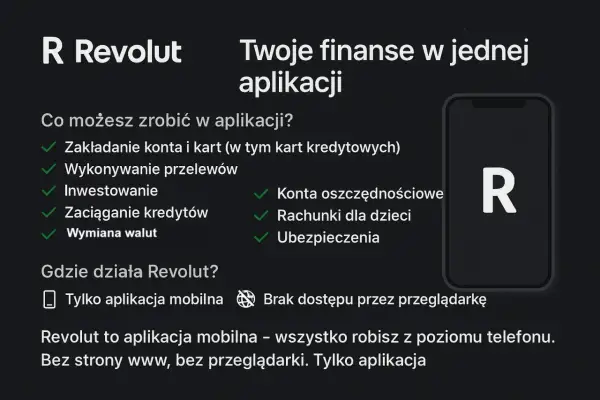 Revolut co to? Aplikacja mobilna do zarządzania finansami: konta, przelewy, inwestycje, kredyty, waluty, oszczędności, ubezpieczenia. Działa tylko na telefonie.