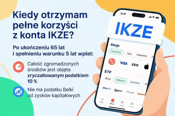 Dłoń trzyma smartfon z aplikacją IKZE, na ekranie widoczne akcje i ETF-y.