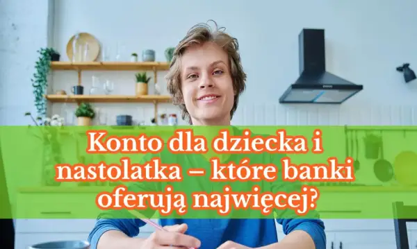 Uśmiechnięty nastolatek siedzi przy stole, trzymając długopis. Na zielonym tle tekst.