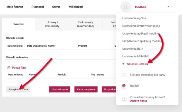 Czerwona strzałka wskazuje opcję "Zamykanie konta" na stronie bankowości internetowej.