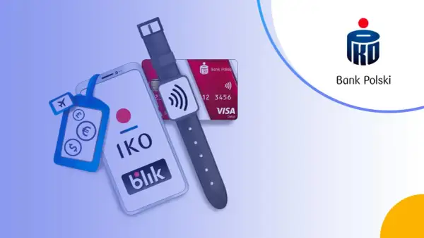 Smartfon z aplikacją IKO i BLIK, karta Visa, smartwatch i zawieszka z symbolami walut. Sprawdź konto za zero PKO BP warunki.
