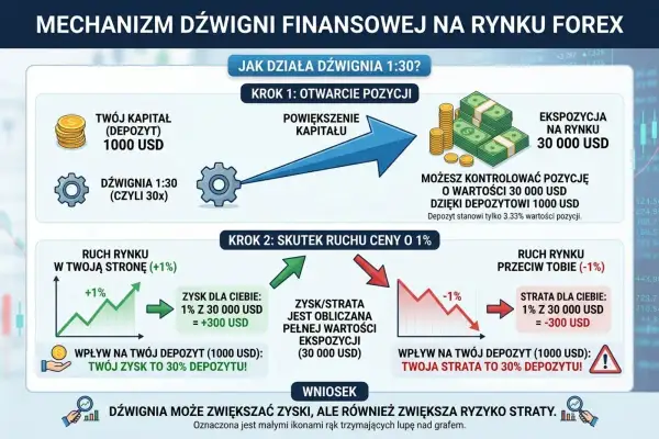 Ilustracja wyjaśniająca mechanizm dźwigni finansowej 1:30 na rynku Forex.