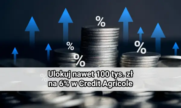 Konto walutowe oprocentowanie: stos monet i strzałki w górę symbolizują wzrost. Ulokuj 100 tys. zł na 6% w Credit Agricole.