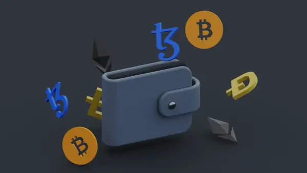 Portfel na kryptowaluty z symbolami Bitcoin, Ethereum, Dogecoin i Tezos. To jest catly sposób na przechowywanie cyfrowych aktywów.