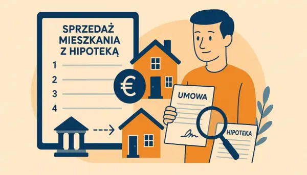 Ilustracja przedstawia mężczyznę trzymającego umowę i lupę nad dokumentem "HIPOTEKA", obok domów i symbolu euro.