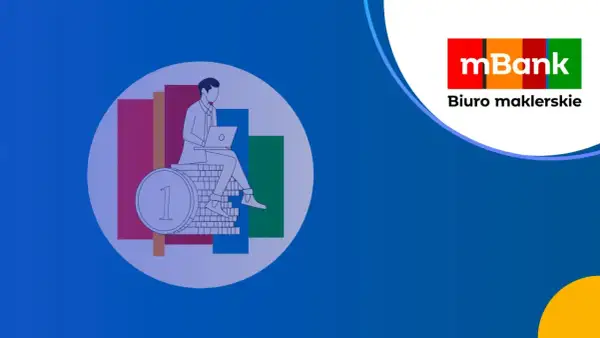 Ilustracja mężczyzny z laptopem siedzącego na stosie monet, obok wykresów. Logo mBank Biuro maklerskie.
