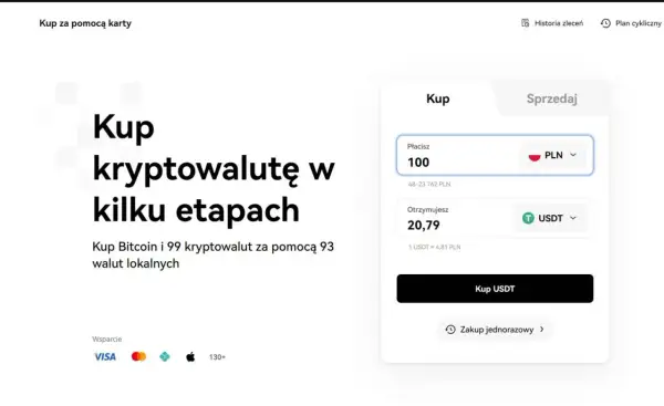 Interfejs giełdy kryptowalut OKX z opcją zakupu kryptowalut za PLN.
