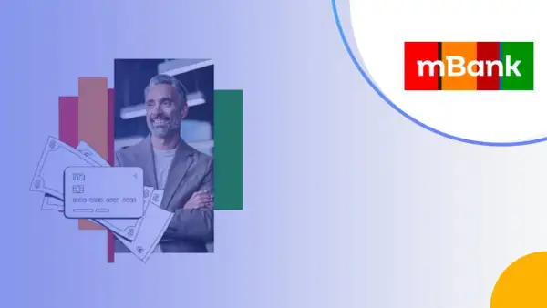 Uśmiechnięty mężczyzna z kartą płatniczą i banknotami. mBank: mkonto intensive opłaty.