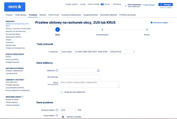 Przelew złotowy na rachunek obcy, ZUS lub KRUS. Wypełnij dane odbiorcy i kwotę przelewu, aby wykonać wu+.